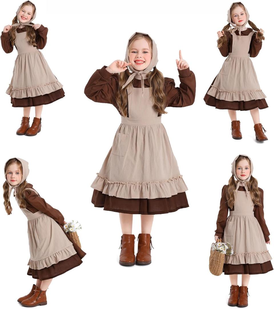 Pioneer Girl Costume Colonial Prairie Dress (S(5Y- 7Y), Coffee)