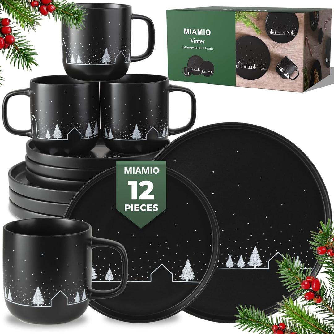 MIAMIO  Christmas Dinnerware Set 12-Piece/Christmas Plates Set with Mugs in minimalist holiday design (Service for 4) / Dishwasher and Microwave Safe  Vinter Collection