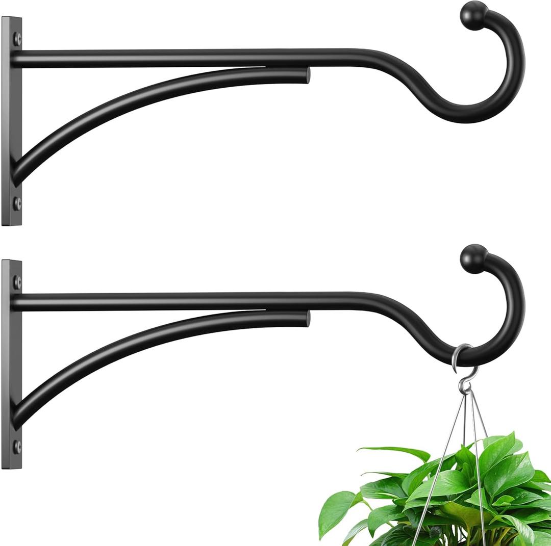 8 Inch 2 Pack Heavy Duty Plant Hangers Outdoor, Metal Plant Brackets for Hanging Baskets, Plant Wall Hooks for Bird Feeders, Wind Chimes & Lanterns, Premium Metal Hooks Matte Black, 30lbs Capacity