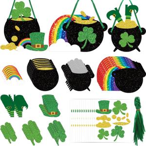 Nuanchu 36 Sets St. Patrick Day Craft Kits DIY Gold Pot Shamrock Coin Hats Rainbow Stickers Hanging St. Patrick Day Decorations for Irish Activity Luck Gift Art