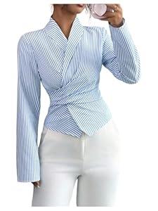 Milumia Women's Striped Long Sleeve Wrap Blouse Asymmetrical Collared Dressy Casual Shirt Tops Blue and White Medium
