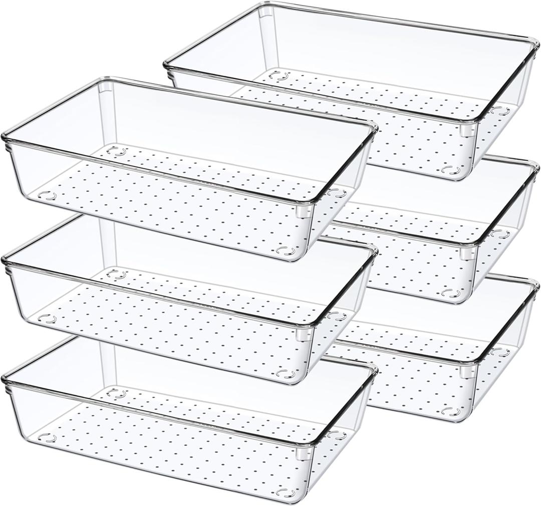 6 Pack Drawer Organizers, Plastic Clear Acrylic Non Slip Non Cracking kitchen drawer organizer Stackable Bathroom Drawer Organizer Trays, Storage Bins for Makeup, Bathroom, Kitchen Office