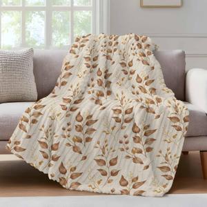 Autumn Plant Throw Blanket for Couch Vintage Fallen Leaves Linen Texture Soft and Warm Flannel 3D Striped Fluffy Fuzzy Fleece Blanket Lightweight Throw for Bed, Sofa 50"x60" (Light Beige Tan)