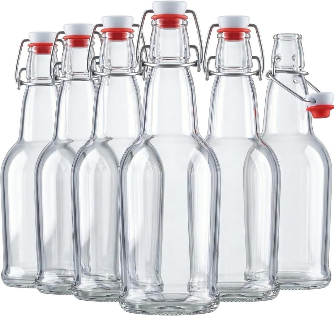 Swing Top Glass Bottles with Airtight Lids, Flip Top, for Carbonated Drinks, Kombucha Bottles, 2nd Fermentation, Water - 16 Ounces - 6 Pack