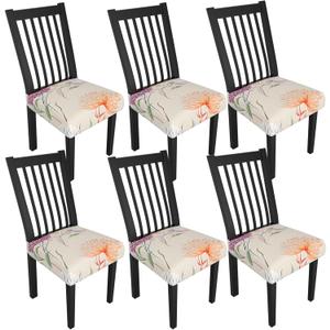 Stretch Dining Chair Seat Covers Set of 6,Dining Chair Slipcovers, Floral Printed Chair Covers,Soft Fabric Washable Upholstered Chair Seat Protector, No Rear Covers for Home Kitchen Dining Room (Dahlia)