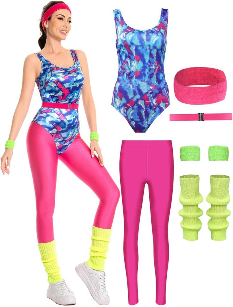 80s Workout Costume for Women Adult Aerobics Outfit Yoga Jumpsuit 90s Retro Accessories Set Leotard Legging Headband (X-Large, Red)