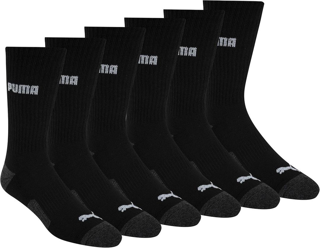 PUMA Men's 6 Pack Crew Socks (10-13, Black/Grey Logo)