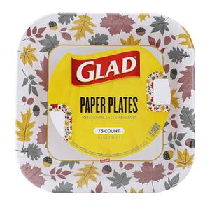 Glad Square Disposable Paper Plates, Falling Foliage Autumn Leaf Pattern - Soak Proof, Microwave Safe, Cut-Resistant Seasonal Dinner Plates for Fall and Thanksgiving, 8.5 Inch, 75 Count (Multicolor)