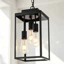 MELUCEE 16'' Outdoor Pendant Lantern 3-Light, Matte Black Exterior Hanging Light Fixture IP44 Waterproof Outdoor Lantern Ceiling Mount with Clear Glass for Front Door Balcony Porch Adjustable Height