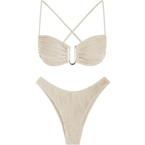 ZAFUL Women's Textured Underwire Bikini Set V Notch High Cut Swimwear Tie Side Ribbed Sexy Swimsuits (450-beige)