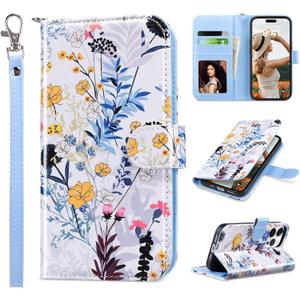 ULAK Compatible with iPhone 14 Pro Wallet Case with Card Holder, Flip PU Leather Floral Phone Protective Cover for Women, Kickstand Wristlet Shockproof Flower Pattern Design 6.1" Phone Case for Girl