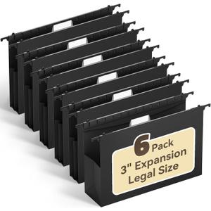 Ansook Hanging File Folders Legal Size, Heavy Duty 3" Expansion File Folder Hanging with 1/5 Tabs,6 Pack Extra Capacity File Cabinet Folders, Hanging File Organizer for File Frame & File Storage Box (Black)