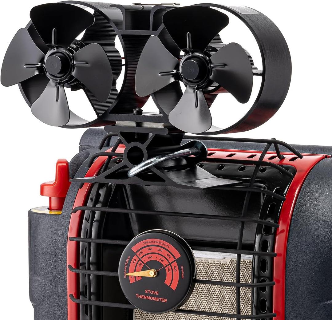 CRSURE Wood Stove Fan for Buddy Heater, Heat Powered Fireplace Fan with Meganect Thermometer, Dual Motors Fan for Mr Heater, Gas/Pellet/Wood/Propane Log Burner Stove, Non Electric