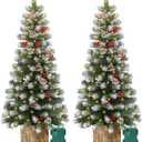 2 Pack 4 Ft Entrance Christmas Tree in Wood-Like Box Base, Artificial Potted Xmas Tree with 60 LEDs Warm White Light Timer Waterproof Battery Box 140 White Tipped Branches Pinecones Berries for Door