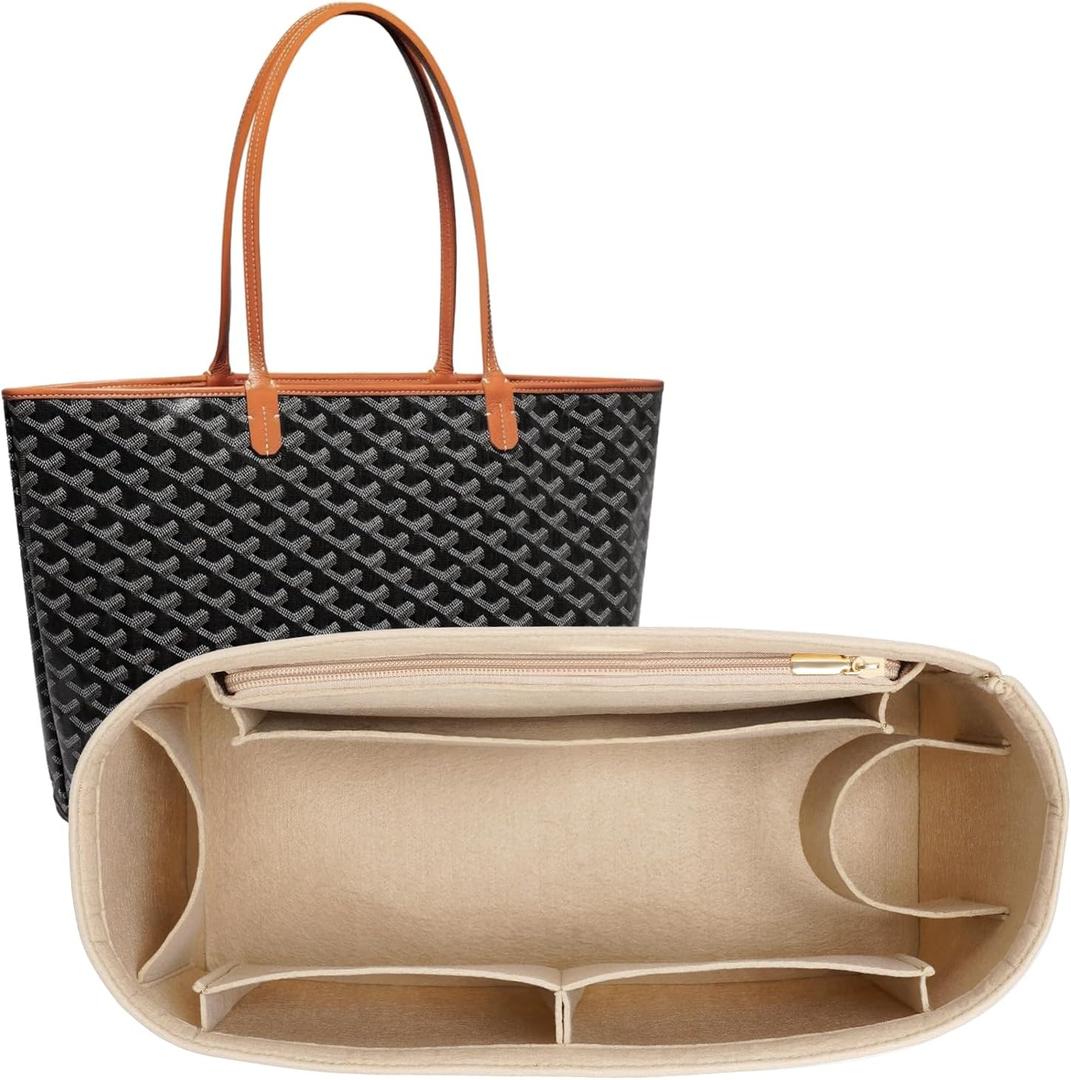 Tote Bag Organizer Insert for Saint Louis PM Size, Premium Felt Zipper Organizer with Cup Holder Tote Organizer (Beige)