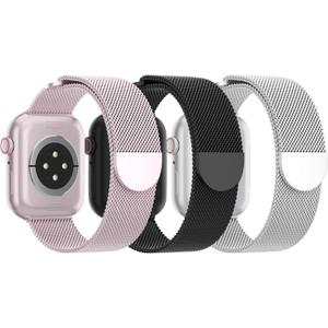 3 Pack Mesh Metal Band Compatible with Apple Watch Band 38mm 40mm 41mm, Stainless Steel Magnetic Loop Strap for iWatch Ultra 3 2 1 Series 11/10/9/8/SE/7/6/5/4/3 Men Women (J-Pink/Black/Silver)