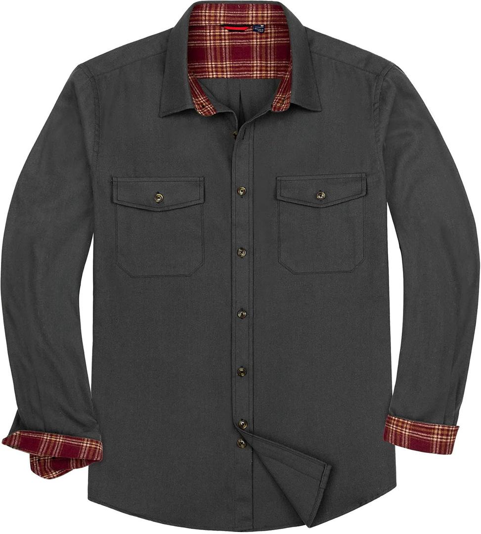 Alimens & Gentle Men's Solid Flannel Shirt Work Long Sleeve Casual Button Down Shirts Outdoor Cotton Warm Shacket (XL, Dark Grey)