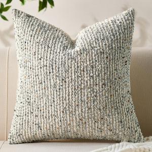 Decorative Couch Throw Pillow Covers 22x22 Cream Gray Striped Soft Wool Pillow Covers Neutral Textured Boho Cushion Covers for Modern Farmhouse Sofa Bedroom Living Room Decor SY011-B22
