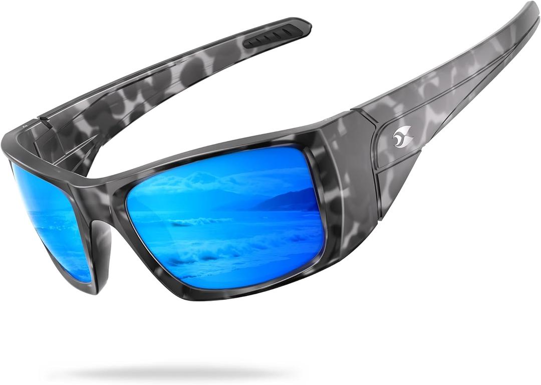 suoso Sports Polarized Sunglasses for Men: Women UV400 Protection Wrap Around Sun Glasses for Fishing Driving Cycling TR90 (C05-black & Clear Camo Frame/Blue Lens)