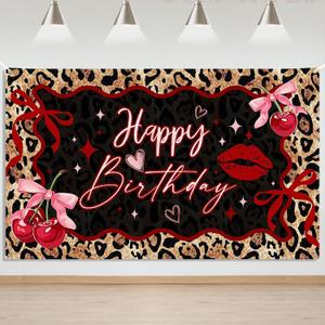 Mocsicka Cheetah Cherry Birthday Banner - Cheetah Print Happy Birthday Backdrop Decorations, Leopard Animal Birthday Party Decor Supplies for Girls Women