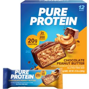 Pure Protein Bars, High Protein, Nutritious Snacks to Support Energy, Low Sugar, Gluten Free, Chocolate Peanut Butter, 1.76oz, 12 Count (Packaging May Vary) (EXP 07/22/26)