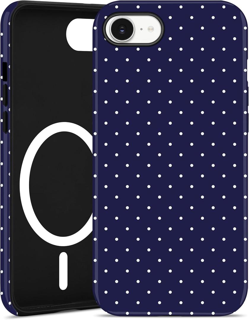 Jusy Compatible with MagSafe Polka Dot Case for iPhone 7/8/SE, Cute Aesthetic Polka Dots Magnetic Phone Case, Soft TPU and Hard PC Protective Phone Cover for Women Girls (Matte), Navy Blue