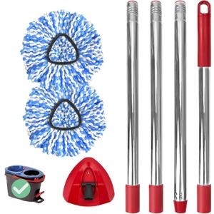 Spin Mop Replacement Set, Includes 2 Mop Head Replacement, 1 Mop Handle (30-58in Adjustable 4-Section Pole), 1 Spin Base (2-TANK System)