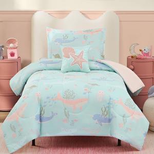 Wink Deer Twin Comforter Set for Girls-3 Pieces Ocean Animals Glow in the Dark Twin Bedding Sets for Kids,1 Comforter,1 Sham and 1 Decor Pillow