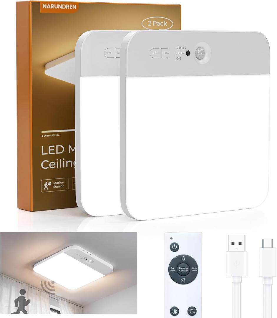 2 Pack Rechargeable Motion Sensor Ceiling Light, Wireless LED Light with Remote, 400LM 3 Color Dimmable for Closet & Indoor Use