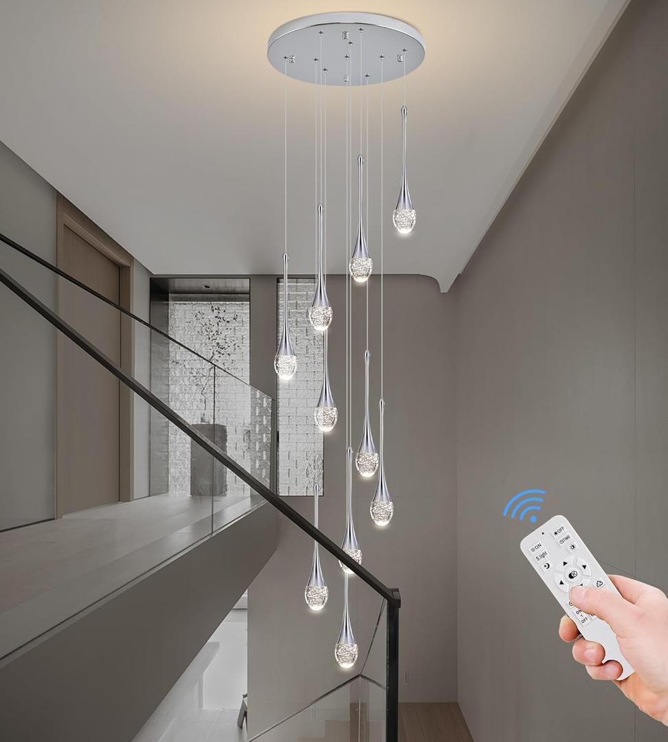 Modern Crystal Chandelier 10-Lights Chrome, H98.5'' High Ceiling Spiral Dimmable LED Bubble Crystal Raindrop Light Fixture for Foyer Entryway Dining Room Remote Control