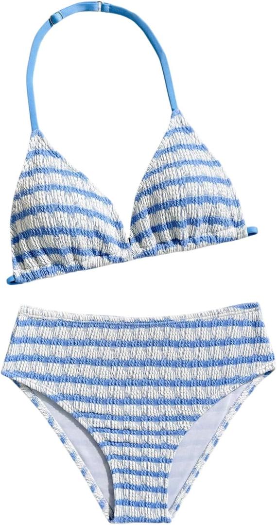RoseSeek Girl's Tie Dye Smocked 2 Piece Swimwear Sets Backless Halter Bikini Cute Brief Bathing Suit Blue and White, 10 Years