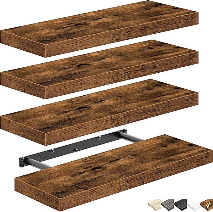 QEEIG Floating Shelves for Wall Bathroom Shelf Bedroom Kitchen Living Room Farmhouse Small Book Shelf 16 inch Set of 4, Brown (015-BN4)