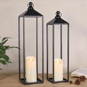 22'' 19'' Large Lanterns Decorative Outdoor Indoor, Set of 2 Black Metal Candle Lanterns Halloween Lanterns Modern Farmhouse Floor Lanterns Decorative for Home Decor, Mantle, Patio, Porch, Garden