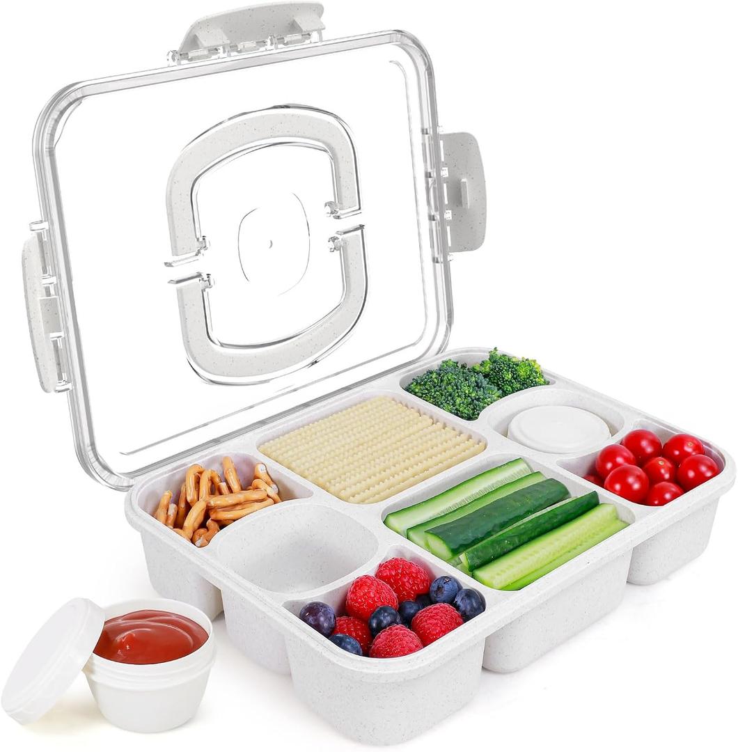 Large Snackle Box Container with 2 Sauce Cups, 8-Compartment Divided Serving Tray with Lid & Handle, Portable Snack Tray for Travel Picnic, Leak-Proof, Dishwasher Safe, BPA-Free