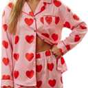 Thopavenoir Women's Valentine's Day Pajamas Satin Silk Pjs Cute 2 Piece Long Sleeve Button Down Shirt Lounge Shorts Sets (Medium)