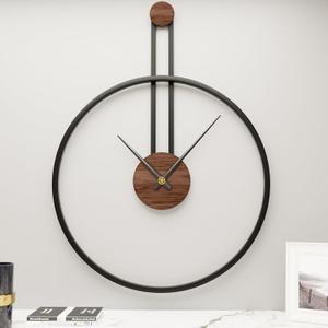MuZi famlily 24.418 Inch Large Modern Metal Farmhouse Oversized Decorative Wall Clocks for Living Room,Big Minimalist Black Wall Clock with Elegant Natural Walnut Dial for Office,Dining Room