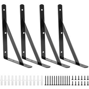 4 Pack L10 x H 6" Heavy Duty Shelf Brackets with Screws Open Floating Shelving Bracket L Brackets Black Metal Shelf Brackets for Shelves, Room, Pantry,Garage