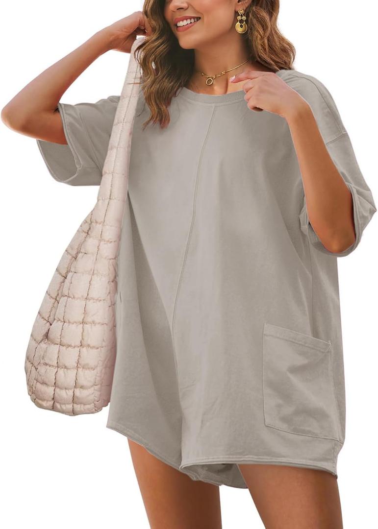 Glamaker Women's Summer Oversized Tee Romper Casual Workout Athletic Romper Onesie Backless Loose Shorts Jumpsuit Overalls (Medium, 1#light Grey)