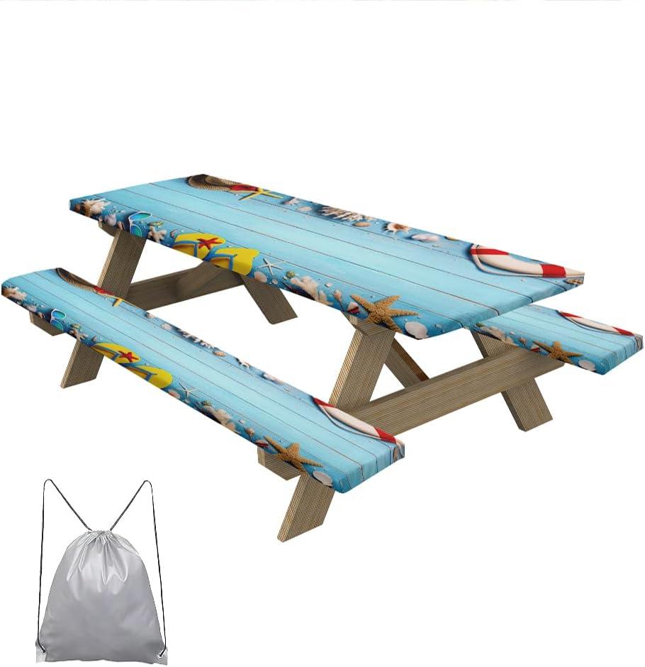 Summer Beach Picnic Table Cover with Bench Covers Blue Wooden Plank Fitted Rectangle Table Cover Outdoor Patio Camping Essentials 60 inch 3PCS Camping Fitted Tablecloth with Drawstring Bag (Multi Color)