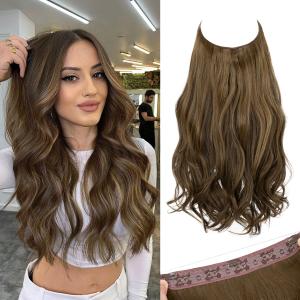 SARLA Invisible Wire Hair Extensions with 3 Clips Long Wavy Curly Synthetic Hairpiece for Women Adjustable Transparent Headband 18 Inch Coffee Brown