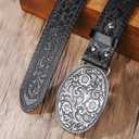 Western PU Leather Cowboy Cowgirl Belt for Men & Women - Vintage Flower Buckle Embossed Leather Belts for Jeans Pants