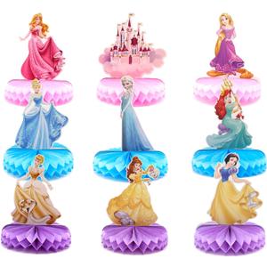 9 PCS Princess Party Honeycomb Centerpieces Decorations, Party Table Topper Decor for Girls Theme Birthday Baby Shower Christmas Party (Princess Theme)
