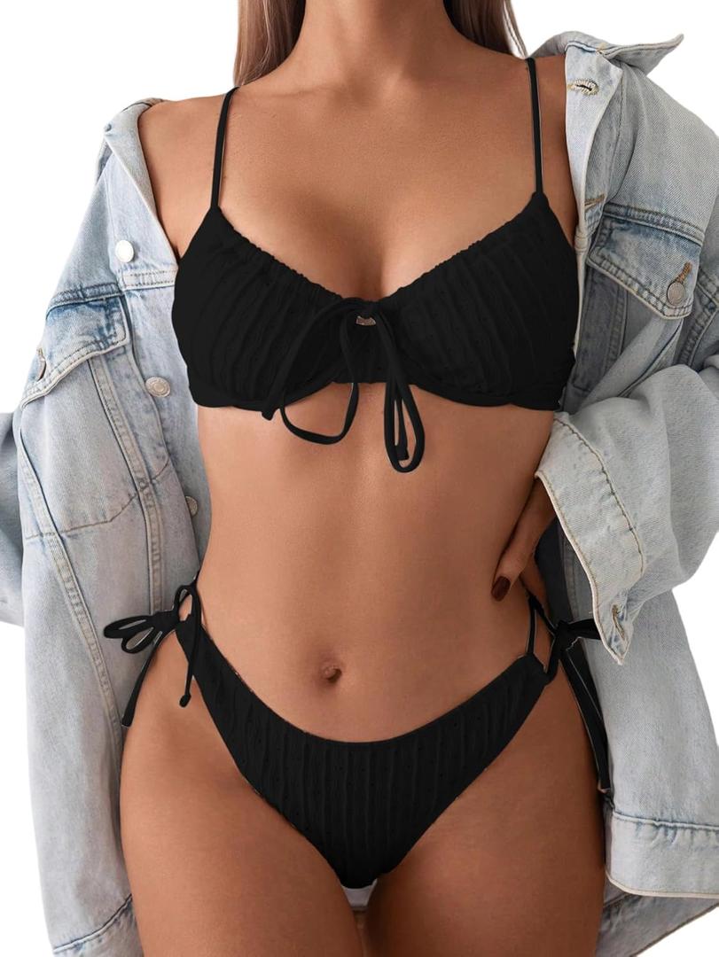 SweatyRocks Women's Ribbed High Cut Bikini Set Bow Tie Side String 2 Piece Swimsuit Bathing Suit (Small, Black)