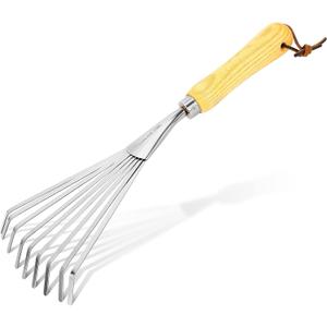 Hand Rakes, Garden Stainless Steel Hand Rake Soil Tiller with Ergonomic Handle, Small Leaf Rakes Great for Gardening, Garden Sweep Yard Flower Beds Tool