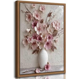 Framed Pink Floral Canvas Wall Art Abstract Flowers Plant Bouquet in Vase Painting Picture Wall Decor Poster Print Artwork for Living Room Bedroom Woman Room Home Decoration (16"L x 12"W)
