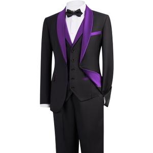 Men's Suit 3-Piece Slim Fit Shawl Lapel Wedding Tuxedo Formal/Casual Blazer Jacket, Waistcoat, Pants Set (Purple) XS