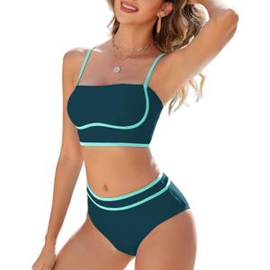 Urchics High Waisted Bikini Sets for Women Color Block Sporty Two Piece Swimsuits Straps Modest Bathing Suits (Blue, XL)
