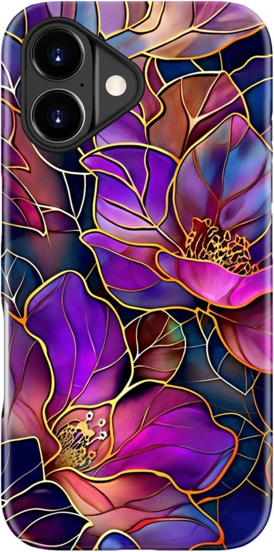 for iPhone 17 Case - Wireless Charging Compatible - Dual-Layer Hard Shell + Silicone Cover - Shockproof Protective Phone Case with Stylish Designs for Women - Blooming Purple Flowers