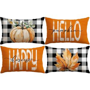 Artscope Fall Decorative Throw Pillow Covers 12x20 Inch Set of 4, Hello Happy Autumn Pumpkin Buffalo Plaid Maple Leaves Harvest Outdoor Farmhouse Pillow Cases for Home Sofa Couch-Orange B