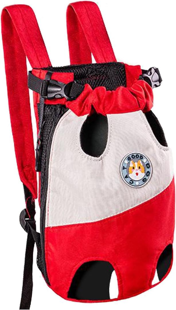 Pet Legs Out Carrier Backpack, Dog Cat Front Backpack Ventilated Mesh Travel Back Pack with Safety Belt for Travel Hiking Cycling Outdoor Use, Small Medium Puppy Large Cat Carrying Bag, Blue (Red)